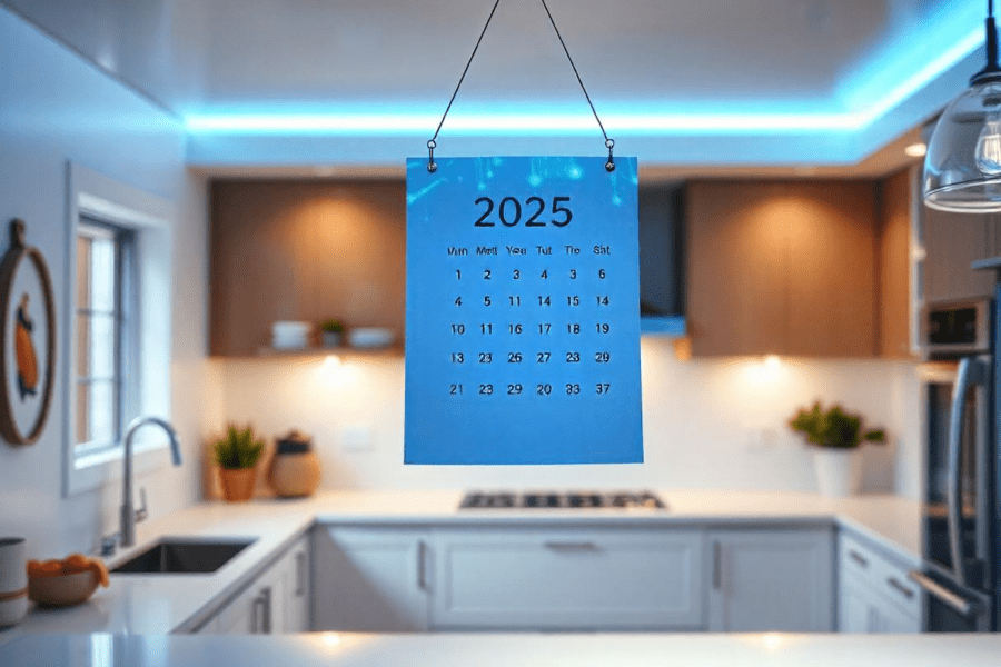 Uma página de calendário para o ano de 2025, com os meses e dias claramente visíveis
