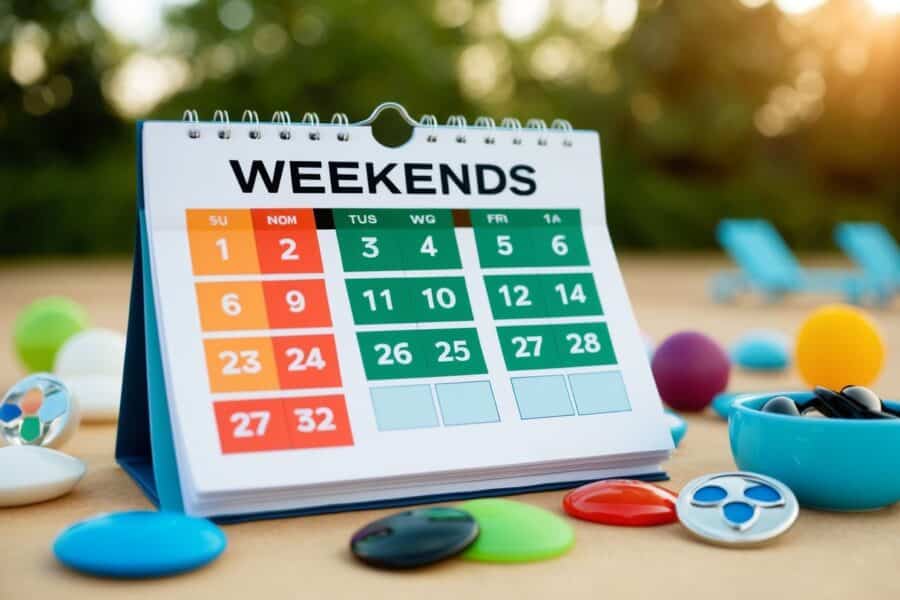 Um calendário com 52 finais de semana destacados, cercado por símbolos de relaxamento e lazer