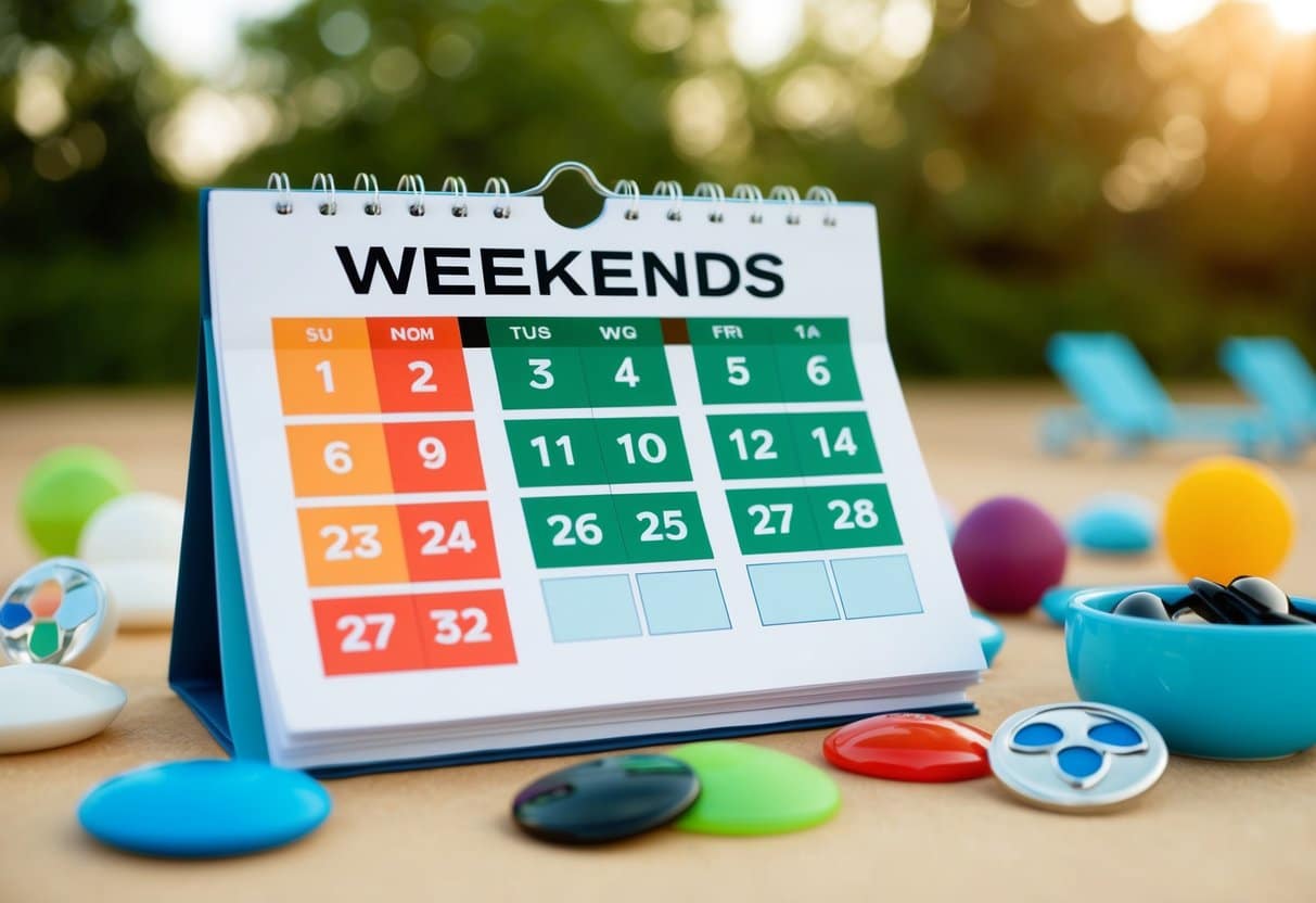 Um calendário com 52 finais de semana destacados, cercado por símbolos de relaxamento e lazer