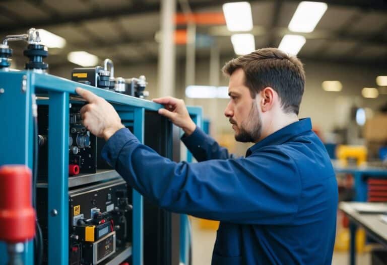 Um engenheiro examinando equipamentos em uma oficina