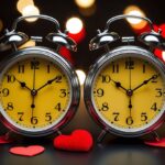 Dois relógios se encarando à meia-noite, cercados por símbolos de amor e romance
