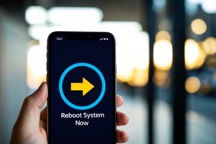Uma tela de telefone com um ícone de seta circular e as palavras "Reiniciar sistema agora" exibidas de forma proeminente