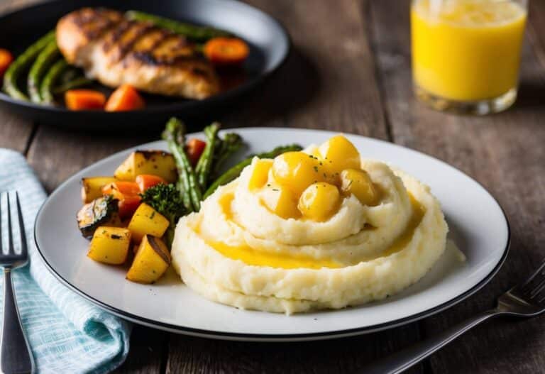 Um prato de purê de batatas com um acompanhamento de legumes assados e frango grelhado