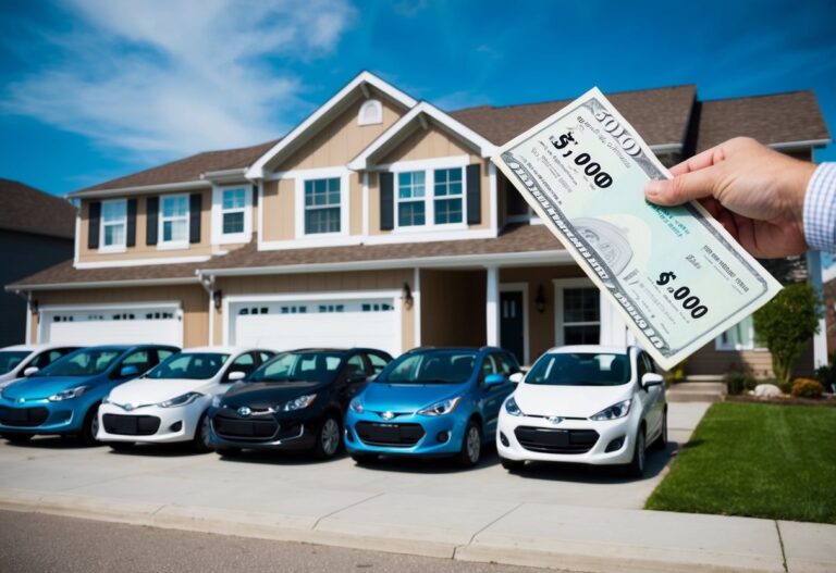 Uma fileira de carros acessíveis estacionados em frente a uma casa modesta, com uma pessoa segurando um contracheque mostrando $5.000