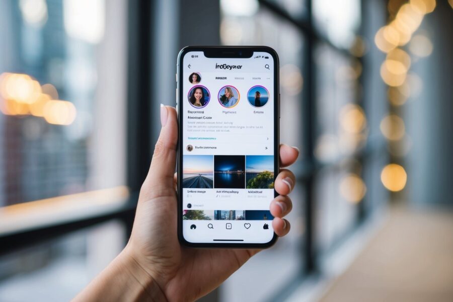 Um smartphone com o aplicativo do Instagram aberto, exibindo uma página de perfil com um nome de usuário e fotos.