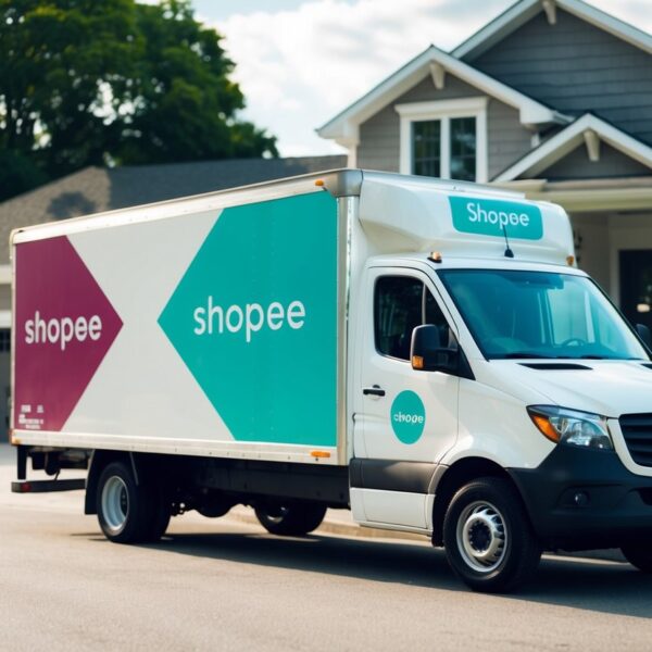 Um caminhão de entrega estacionado do lado de fora de uma casa com o logo da Shopee na lateral