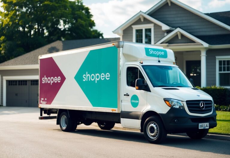 Um caminhão de entrega estacionado do lado de fora de uma casa com o logo da Shopee na lateral