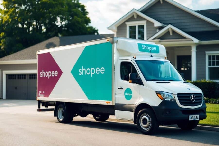 Um caminhão de entrega estacionado do lado de fora de uma casa com o logo da Shopee na lateral