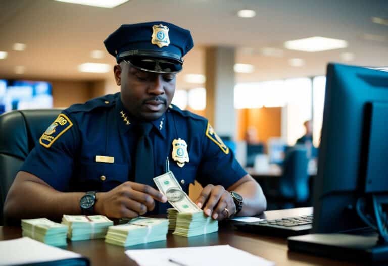 Um policial do BOPE contando dinheiro de uma pilha de notas em uma mesa