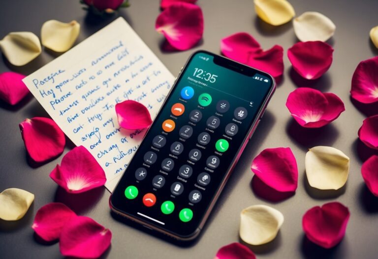 Um telefone com várias chamadas perdidas e notificações, cercado por pétalas de rosa espalhadas e uma nota escrita à mão
