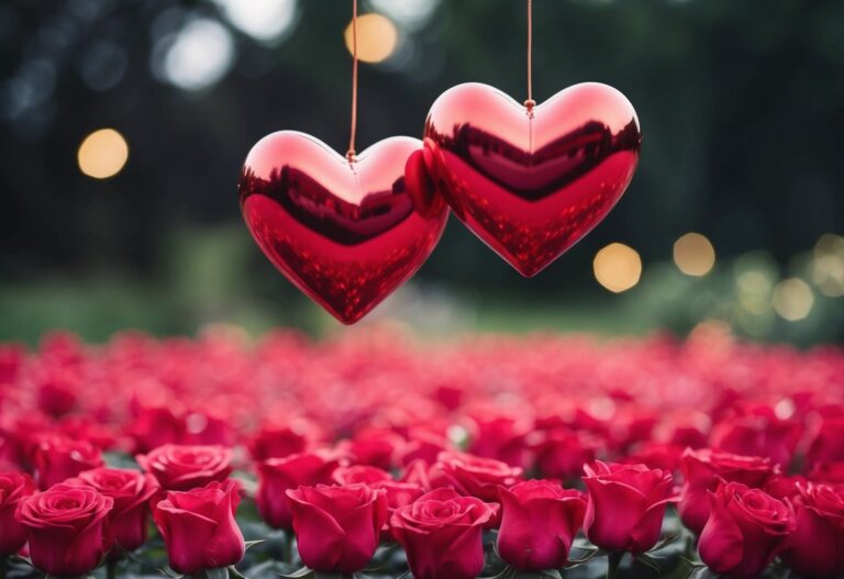 Dois corações entrelaçados flutuando acima de um leito de rosas