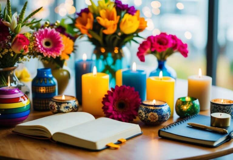 Uma variedade colorida de objetos decorativos dispostos em uma mesa, incluindo flores, velas e um diário.