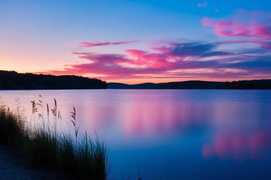 Um pôr do sol azul e rosa sobre um lago tranquilo