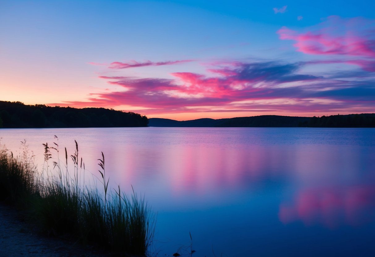 Um pôr do sol azul e rosa sobre um lago tranquilo