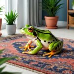Uma rã sentada em um tapete da sala de estar, cercada por plantas de interior e decoração interna