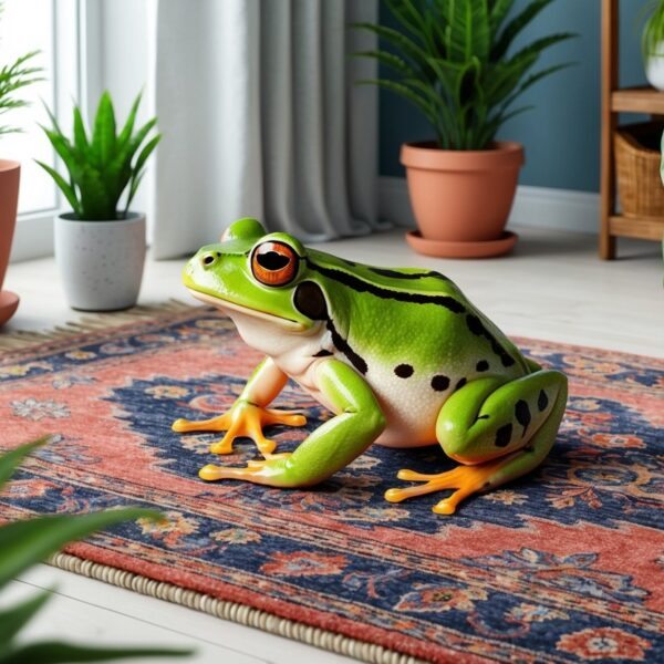 Uma rã sentada em um tapete da sala de estar, cercada por plantas de interior e decoração interna
