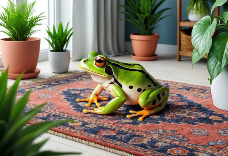 Uma rã sentada em um tapete da sala de estar, cercada por plantas de interior e decoração interna