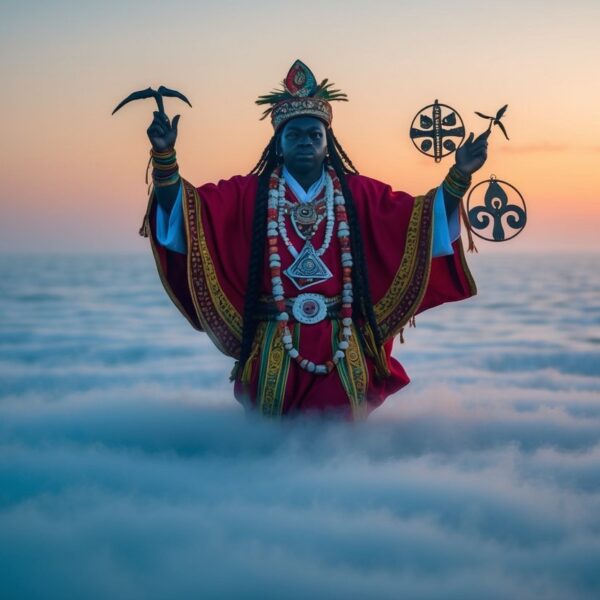 Uma figura misteriosa emerge da névoa, adornada com as vestes tradicionais de um orixá específico, cercada por símbolos de seu poder e influência.