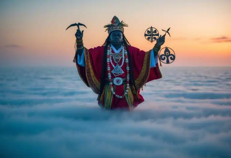Uma figura misteriosa emerge da névoa, adornada com as vestes tradicionais de um orixá específico, cercada por símbolos de seu poder e influência.