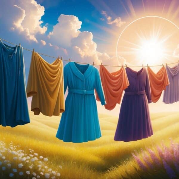 Uma cena dos sonhos de um varal cheio de roupas esvoaçantes no reino espiritual