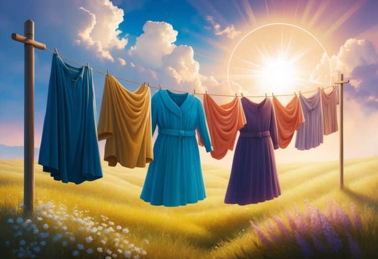 Uma cena dos sonhos de um varal cheio de roupas esvoaçantes no reino espiritual