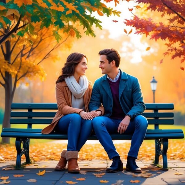 Um casal está sentado em um banco de parque, cercado por folhas de outono, olhando nos olhos um do outro.