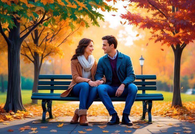 Um casal está sentado em um banco de parque, cercado por folhas de outono, olhando nos olhos um do outro.