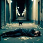Um beco mal iluminado com uma figura solitária deitada no chão, cercada por cartas espalhadas e garrafas vazias, sob os olhos atentos de um gato preto de rua.