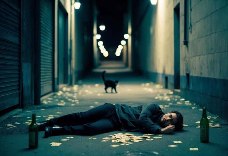 Um beco mal iluminado com uma figura solitária deitada no chão, cercada por cartas espalhadas e garrafas vazias, sob os olhos atentos de um gato preto de rua.