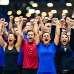 Um grupo de competidores animados gritando e torcendo em uníssono, com punhos erguidos e expressões determinadas