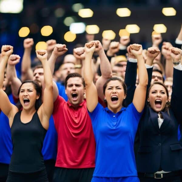 Um grupo de competidores animados gritando e torcendo em uníssono, com punhos erguidos e expressões determinadas