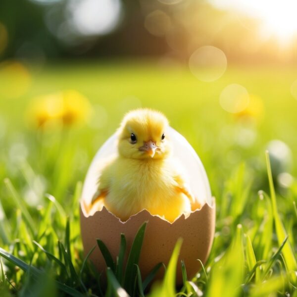 Um pequeno pintinho amarelo saindo do seu ovo cercado por um campo ensolarado e brilhante.
