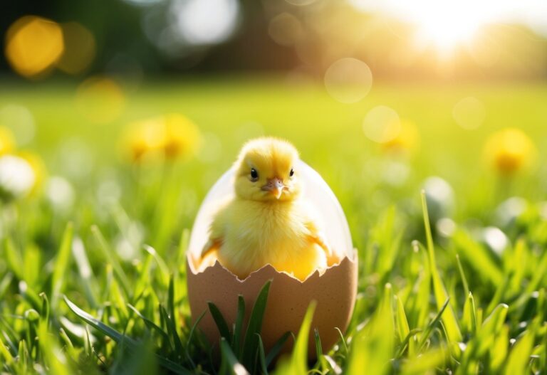 Um pequeno pintinho amarelo saindo do seu ovo cercado por um campo ensolarado e brilhante.