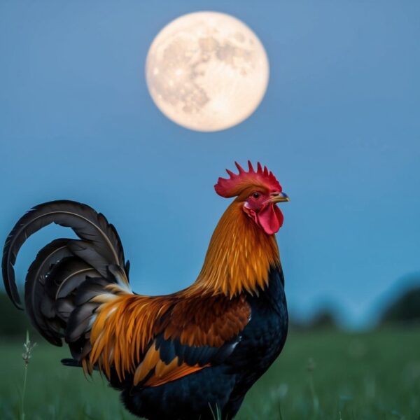 Um galo canta sob um céu iluminado pela lua, quebrando o silêncio da noite