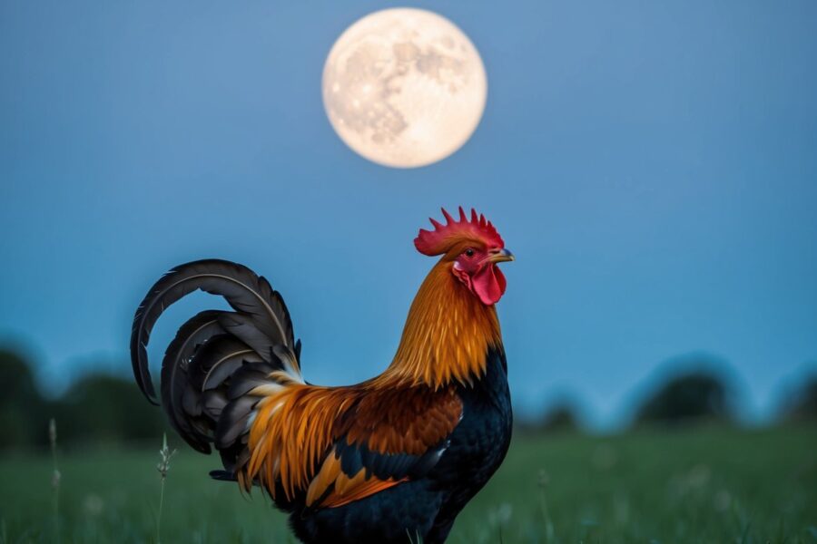 Um galo canta sob um céu iluminado pela lua, quebrando o silêncio da noite