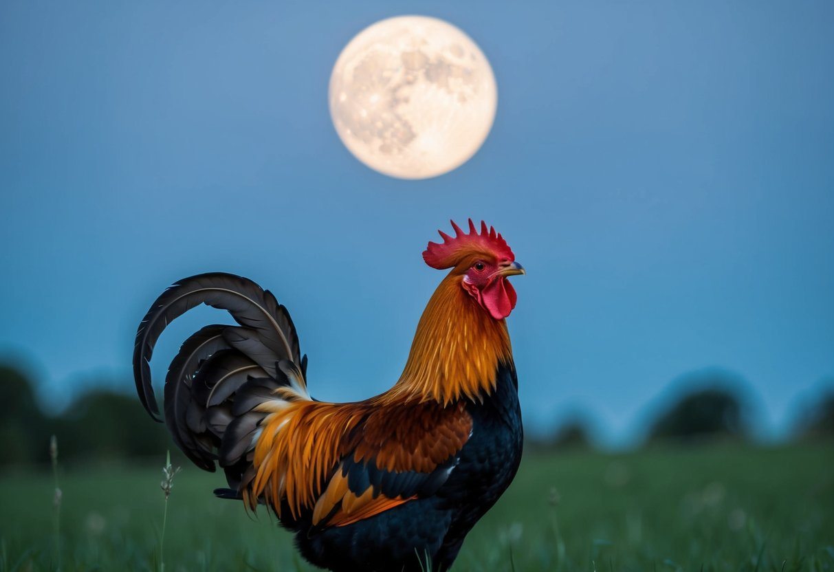 Um galo canta sob um céu iluminado pela lua, quebrando o silêncio da noite