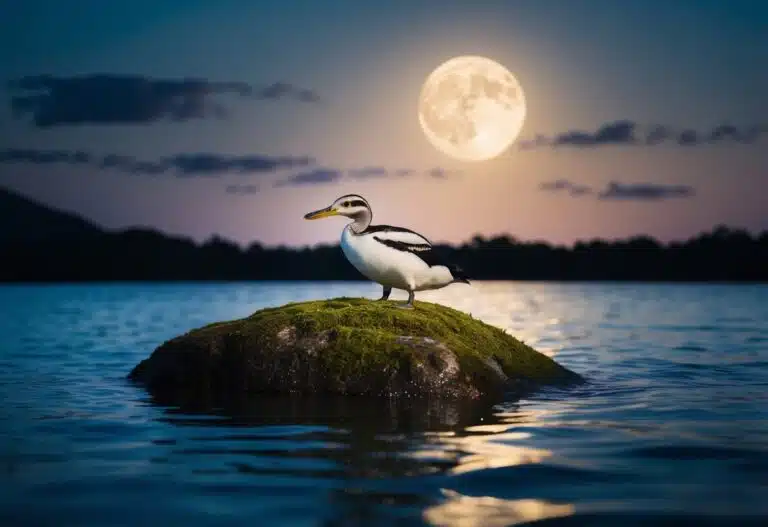 Uma cena de sonho de um tapuru emergindo da água sobre uma pedra coberta de musgo sob um céu iluminado pela lua
