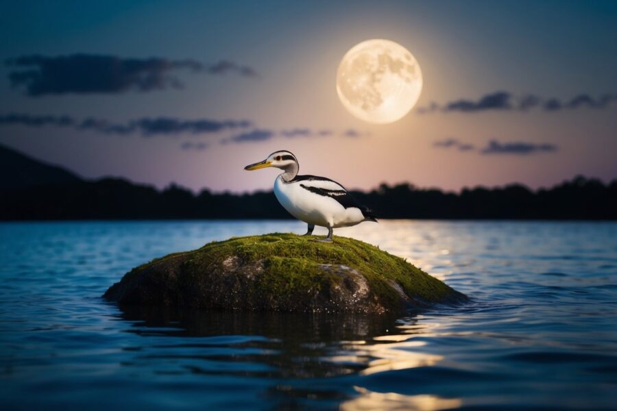 Uma cena de sonho de um tapuru emergindo da água sobre uma pedra coberta de musgo sob um céu iluminado pela lua