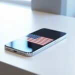 Um iPhone exibindo a bandeira dos Estados Unidos sobre uma superfície branca limpa.