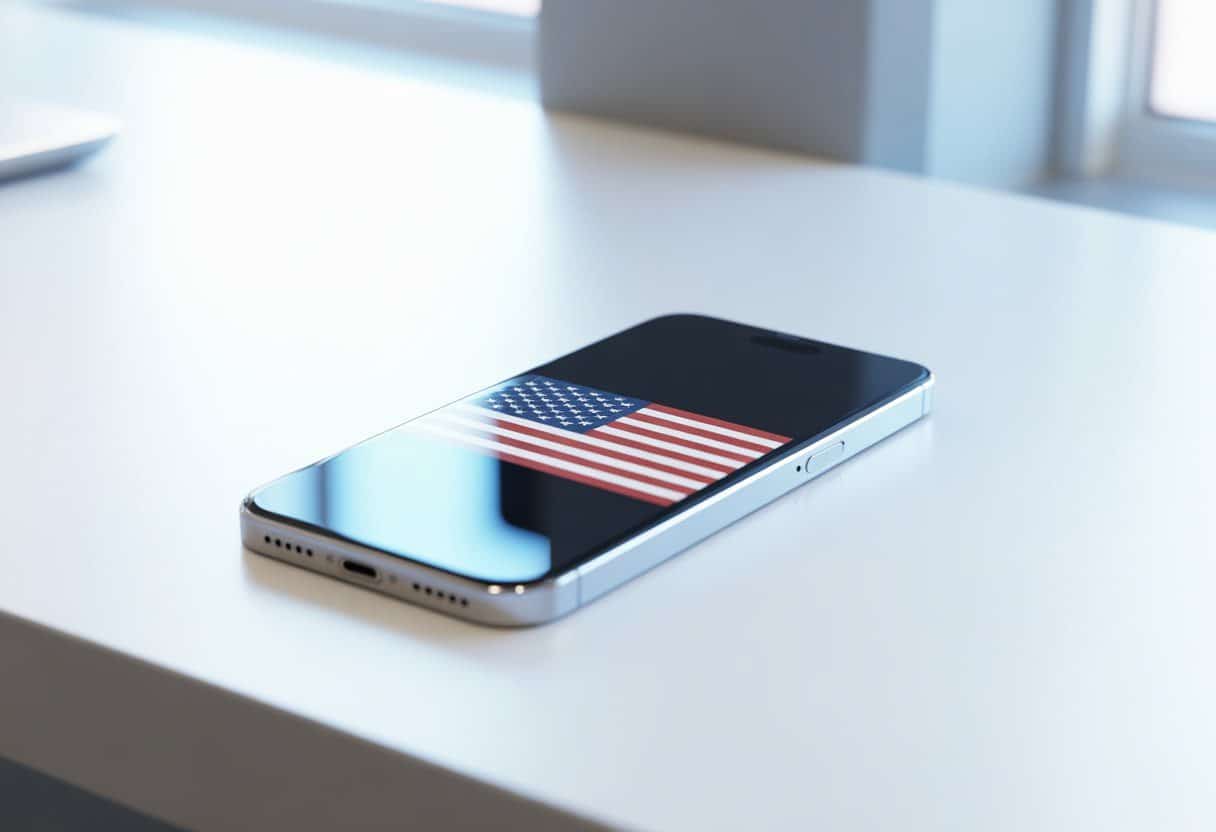 Um iPhone exibindo a bandeira dos Estados Unidos sobre uma superfície branca limpa.