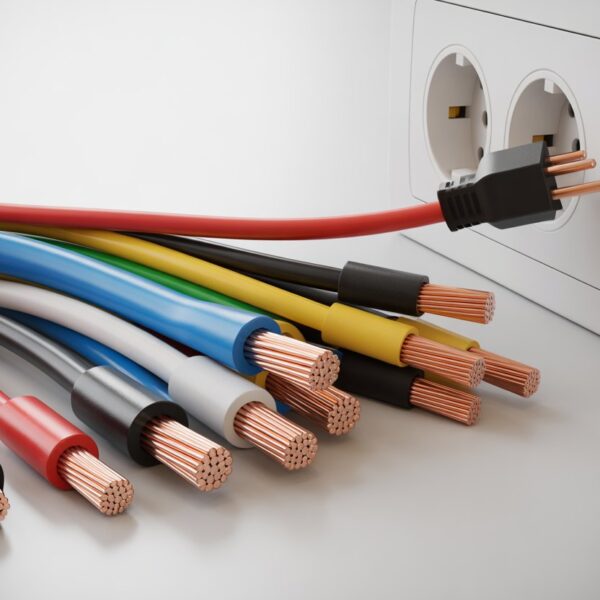 Cabos elétricos coloridos organizados próximos a uma tomada elétrica branca.