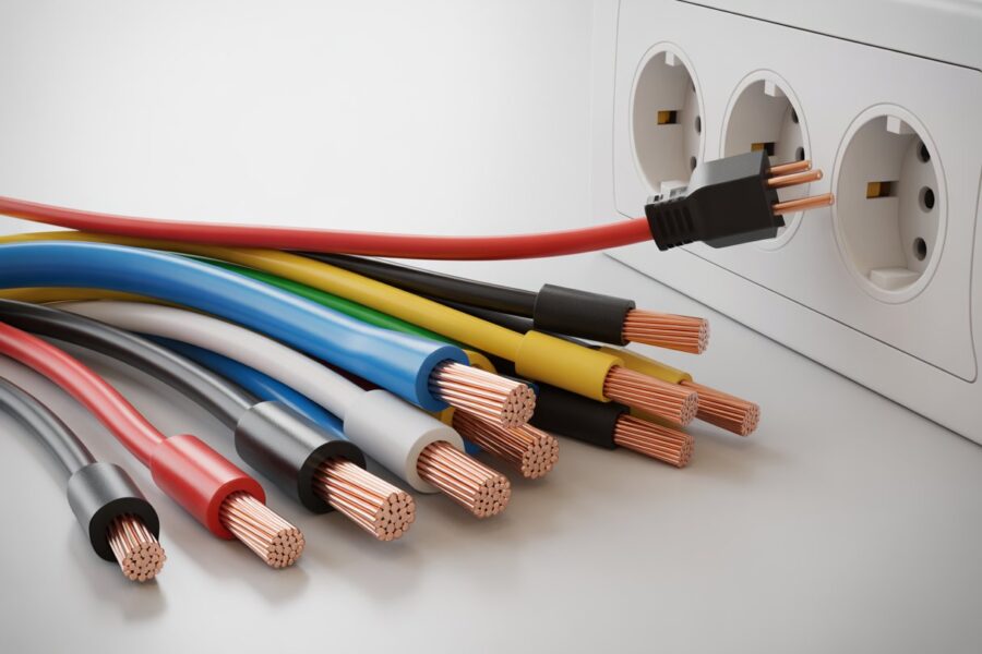 Cabos elétricos coloridos organizados próximos a uma tomada elétrica branca.