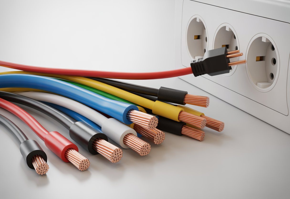 Cabos elétricos coloridos organizados próximos a uma tomada elétrica branca.