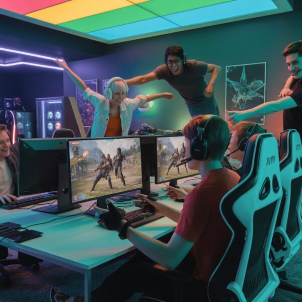 Sala de jogos moderna com jovens jogando Free Fire em computadores, focados e usando fones de ouvido, com iluminação colorida ao redor.