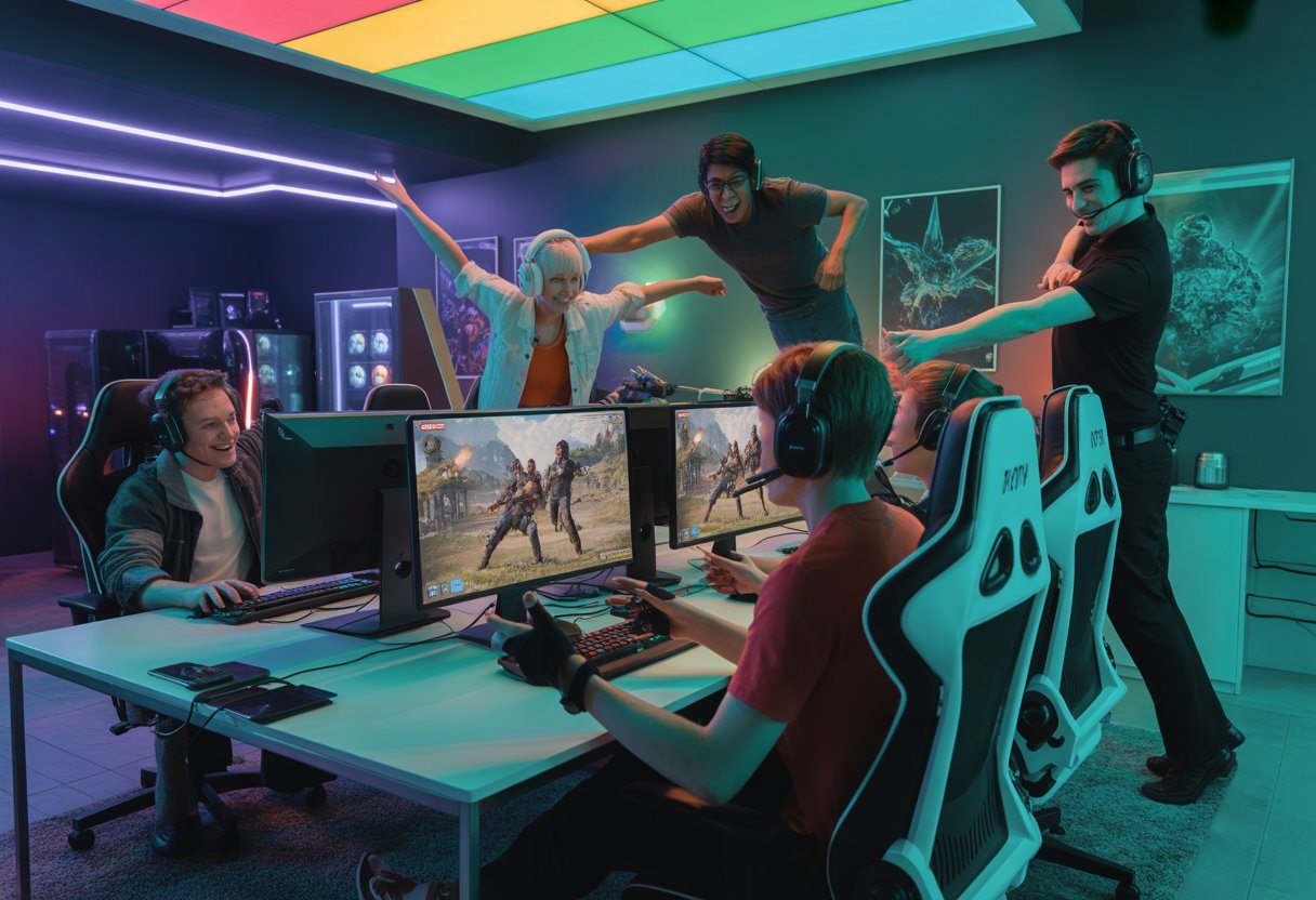Sala de jogos moderna com jovens jogando Free Fire em computadores, focados e usando fones de ouvido, com iluminação colorida ao redor.
