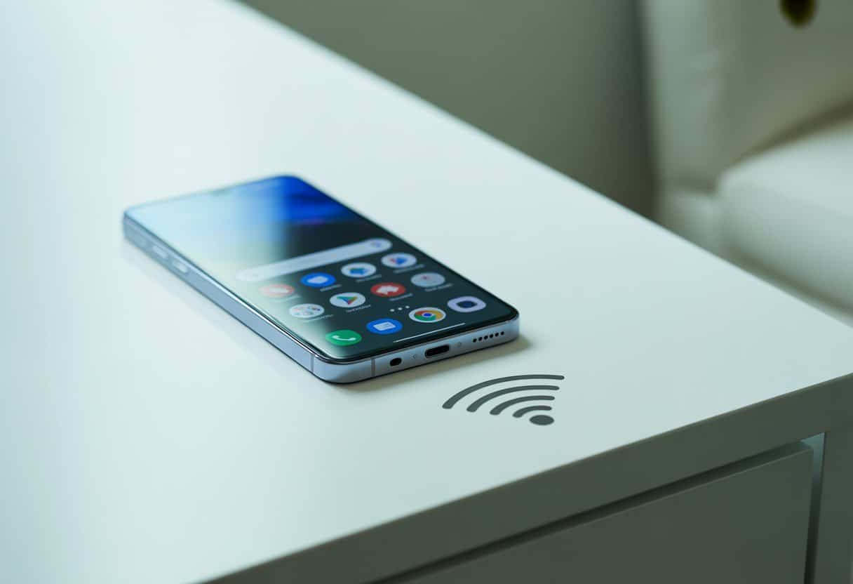 Um smartphone moderno sobre uma superfície branca com um símbolo pequeno de NFC ao lado.