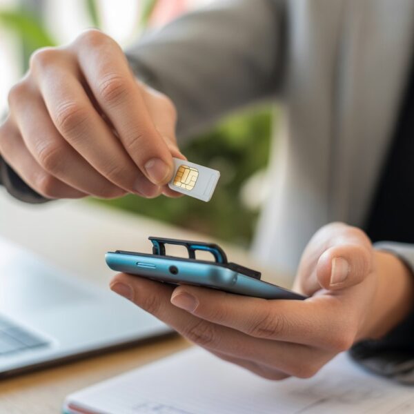 Pessoa segurando um smartphone com o chip SIM parcialmente ejetado, em um ambiente interno iluminado, com foco na ação de inserir ou remover o chip.