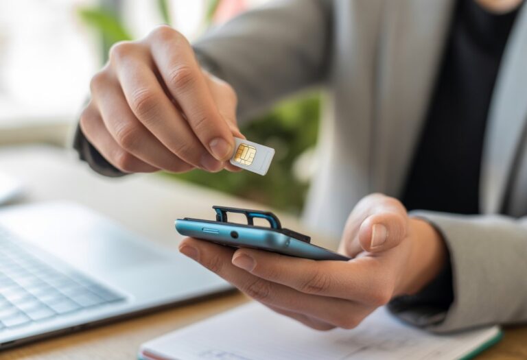 Pessoa segurando um smartphone com o chip SIM parcialmente ejetado, em um ambiente interno iluminado, com foco na ação de inserir ou remover o chip.