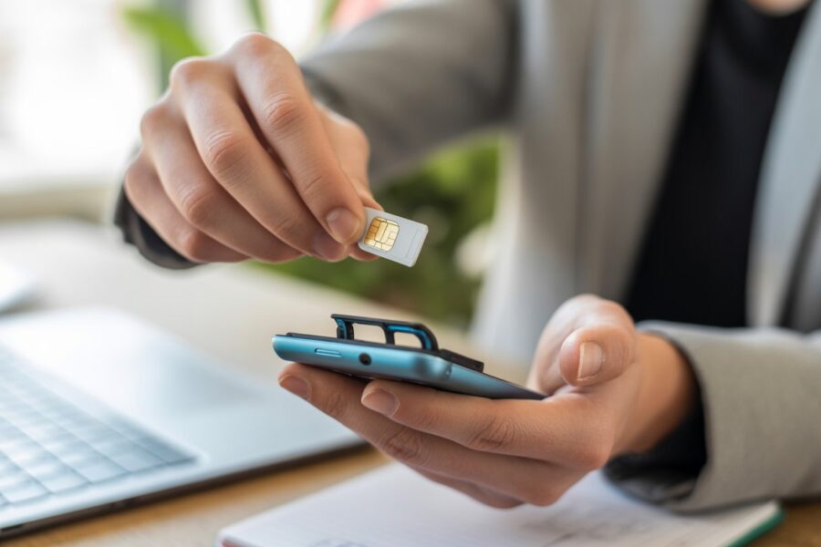 Pessoa segurando um smartphone com o chip SIM parcialmente ejetado, em um ambiente interno iluminado, com foco na ação de inserir ou remover o chip.