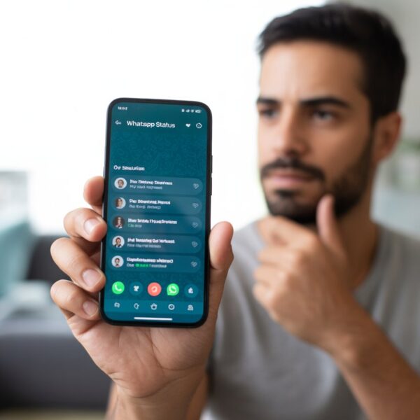 Pessoa segurando um smartphone mostrando a tela de status do WhatsApp em um ambiente interno.